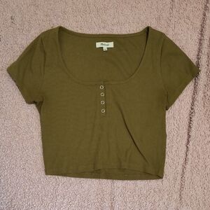 Madewell Olive Green Short Sleeve Button Crop Top